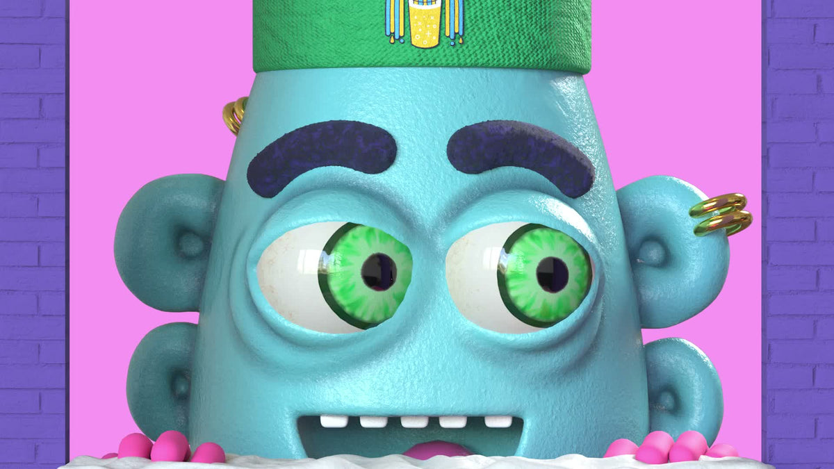 Beanie, a turquoise Boulevardia character with green eyes and a knitted cap