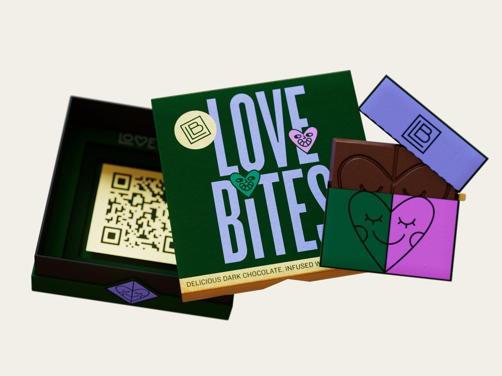 Love Bites gift box with its lid lifted, a gold QR insert and two wrapped chocolate bars