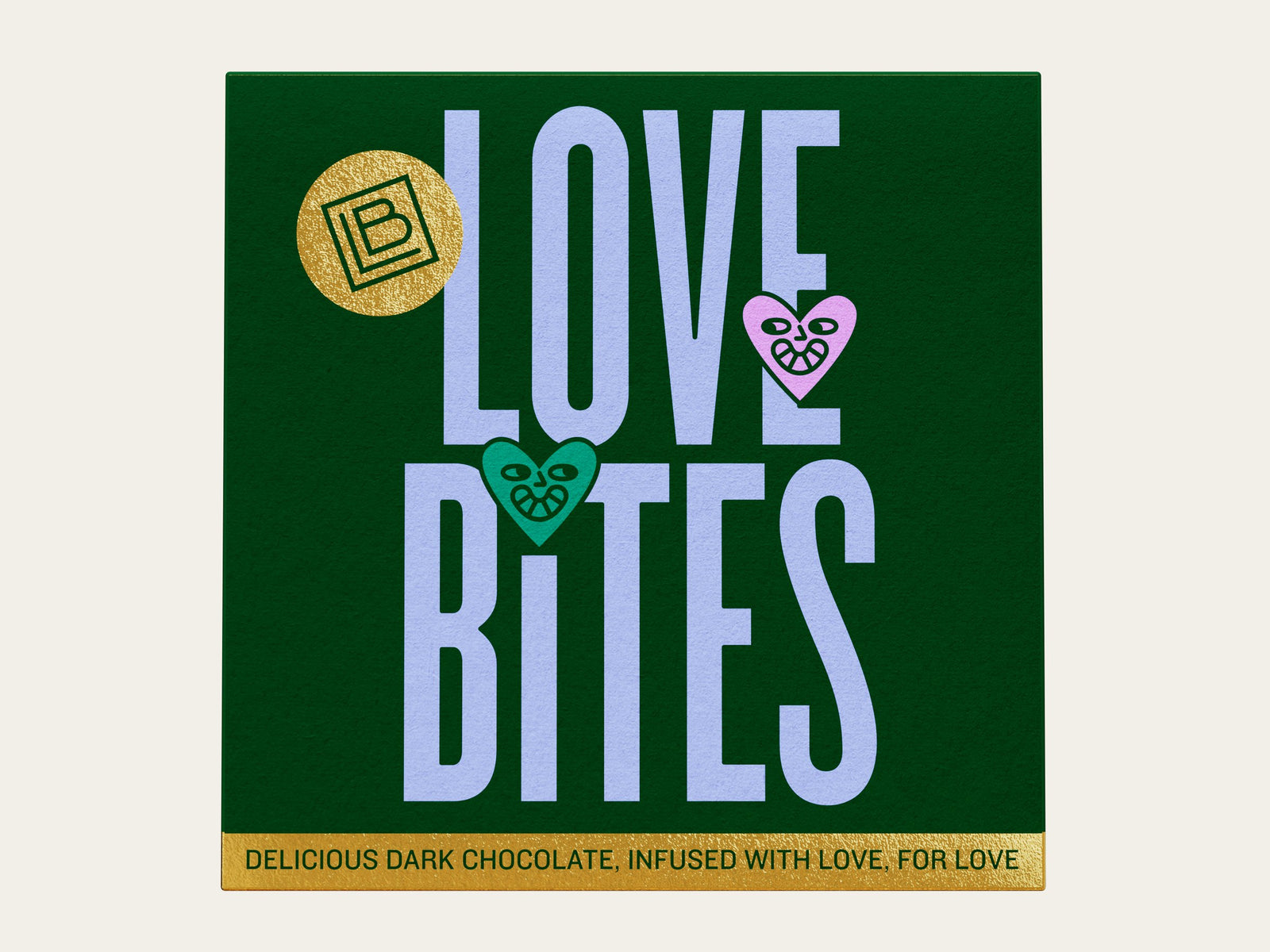Love Bites box from above with the stacked LOVE BITES wordmark