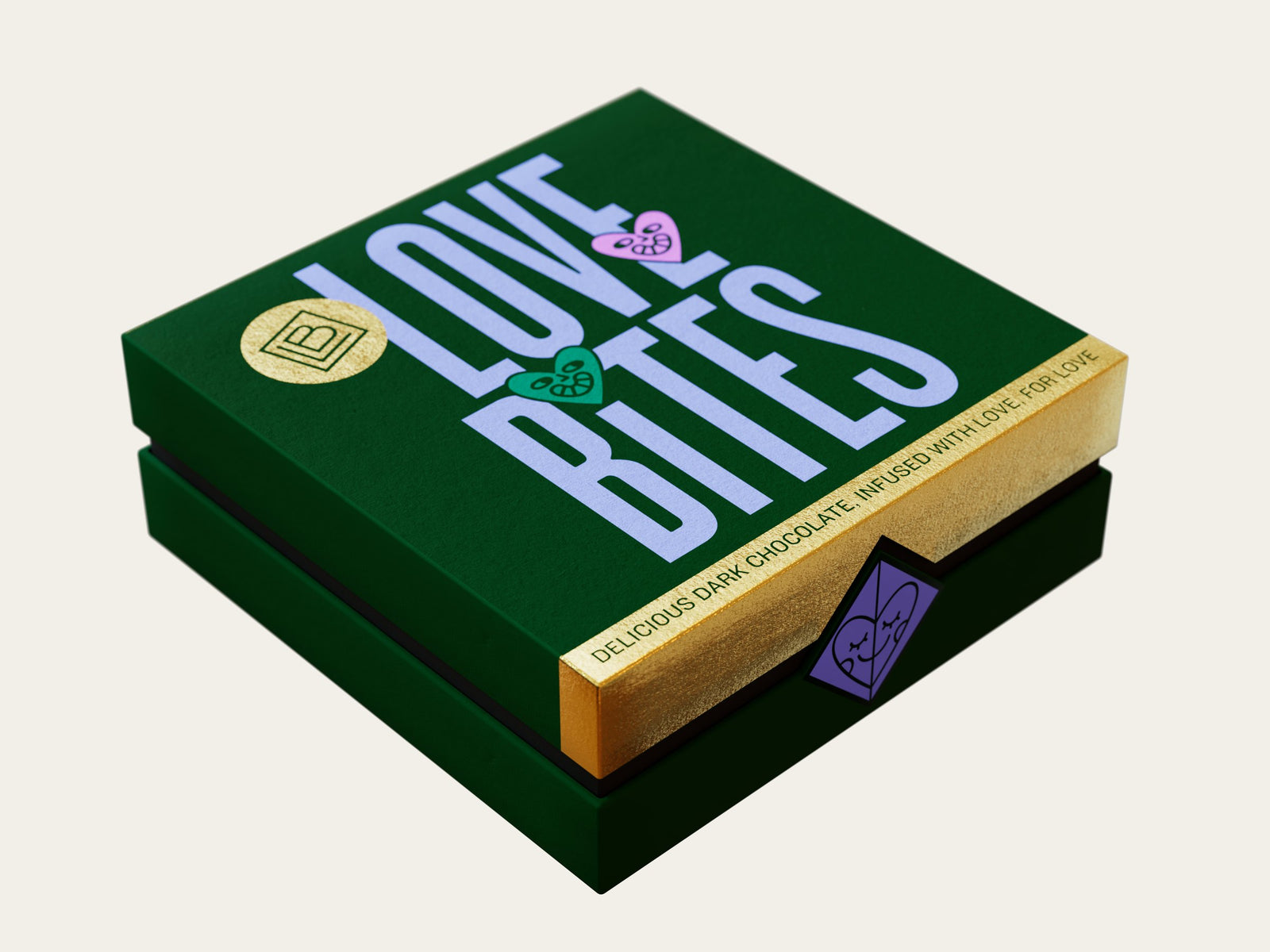 Closed Love Bites box at a three-quarter angle with a gold foil band