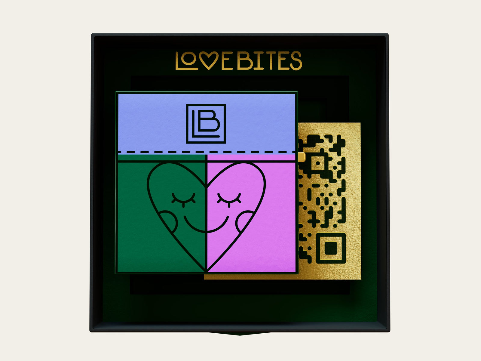 Open Love Bites box from above showing a wrapped bar and a gold QR insert