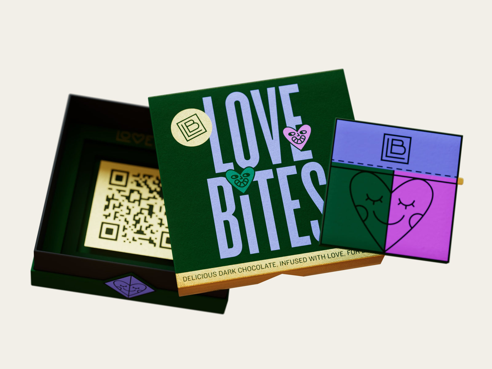 Open Love Bites box with a lilac-wrapped bar beside it