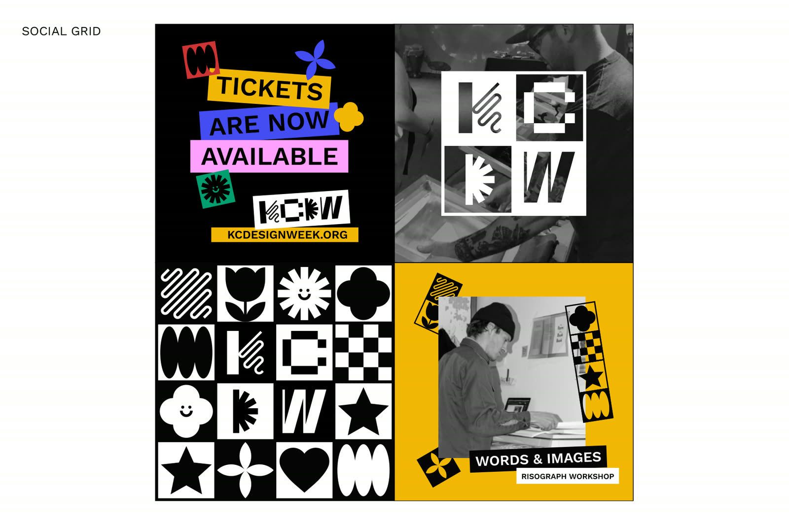 Social grid: tickets available post, logo over a screen-printing photo, glyph grid, risograph workshop post