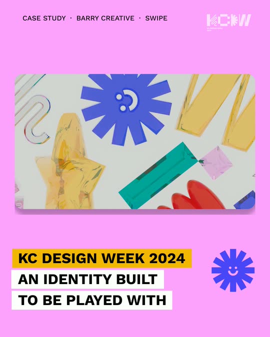 Carousel cover: the low-angle glyph pass in a rounded card on a pink field, chips reading KC Design Week 2024, an identity built to be played with