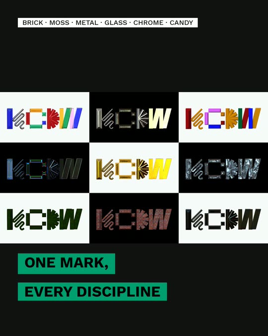 Carousel slide: nine wordmarks in nine materials on a black grid, green chips