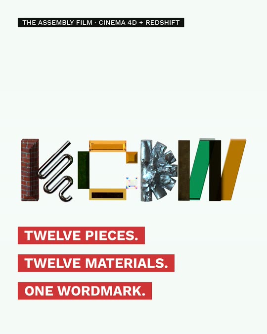 Carousel slide: the wordmark assembled from twelve materials on off-white, red chips