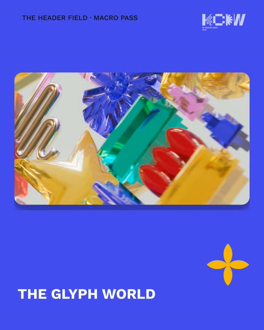 Carousel slide: macro glass pass in a card on a blue field, chip reading The glyph world