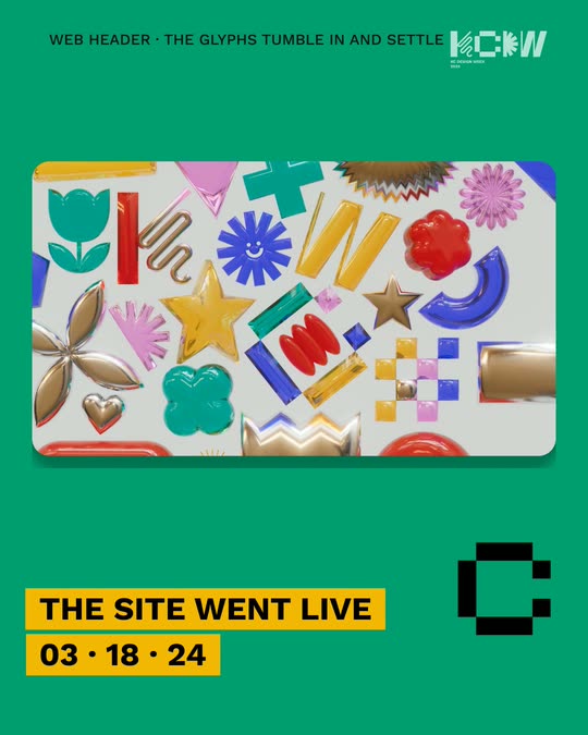 Carousel slide: the web header field in a card on a green field, chips reading The site went live 03·18·24