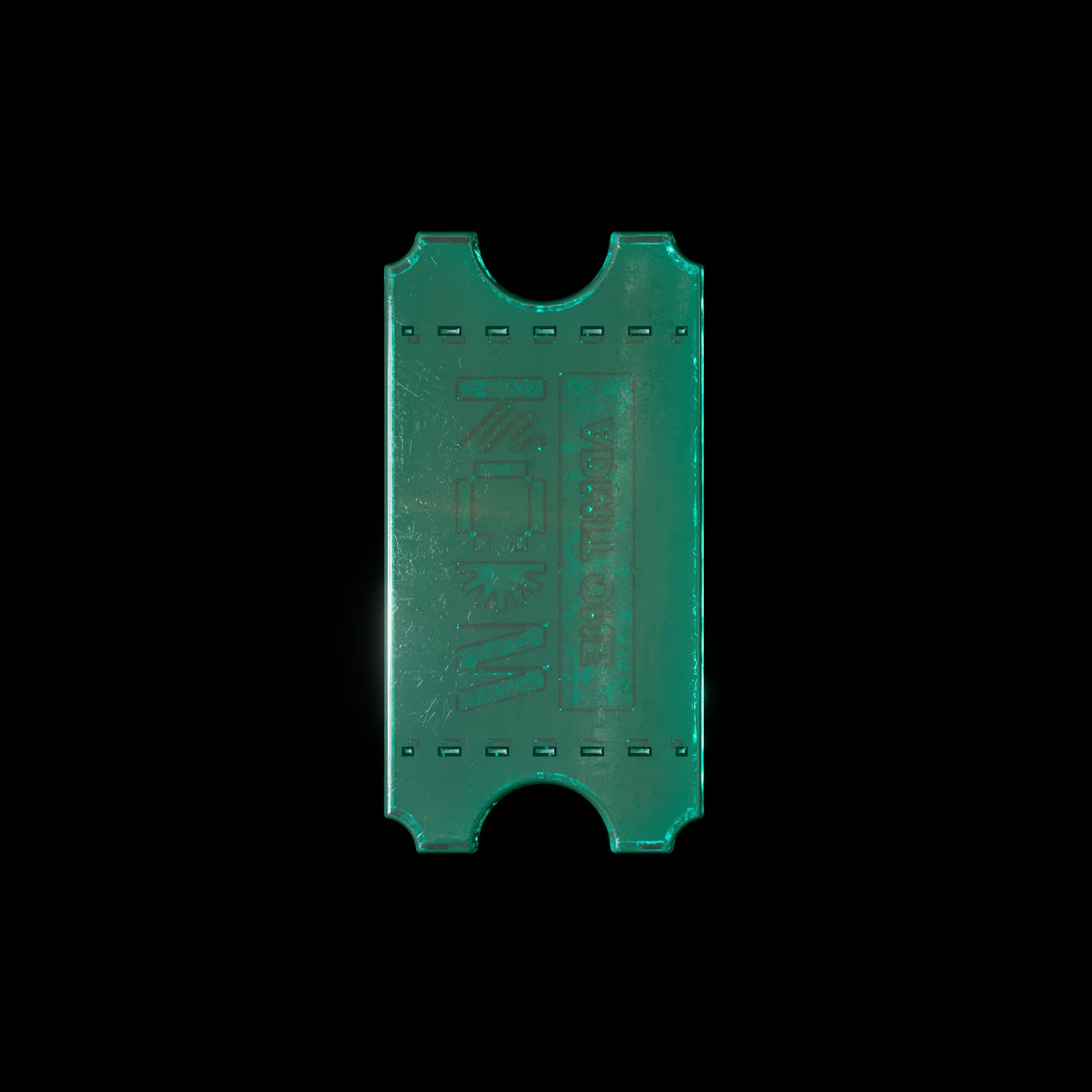 Green glass ticket reading Admit One, re-rendered in 2026