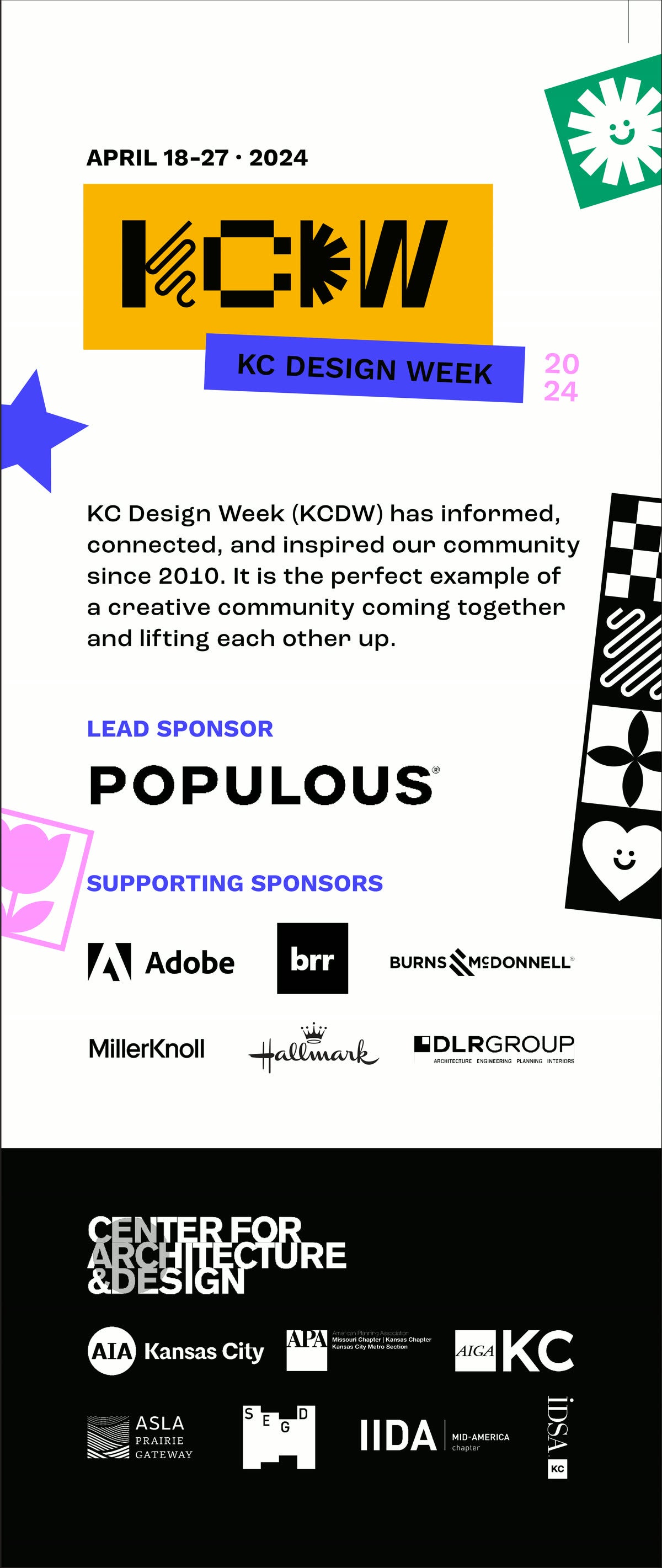 KC Design Week April 18 to 27 2024 poster with the glyph lockup, lead sponsor Populous and supporting sponsors