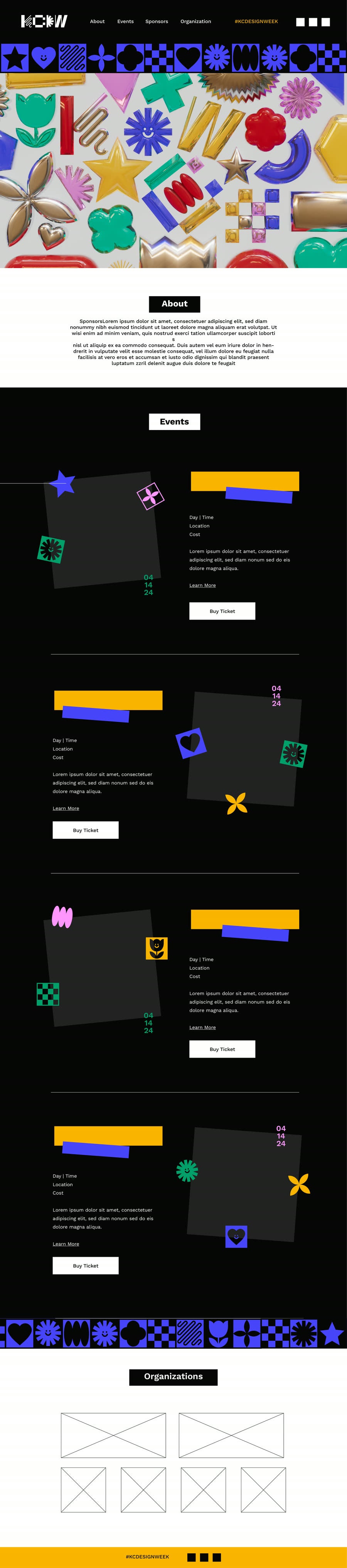 Mobile website template: glyph strip, 3D header, About, four tilted event cards with colour banners, Organizations, footer