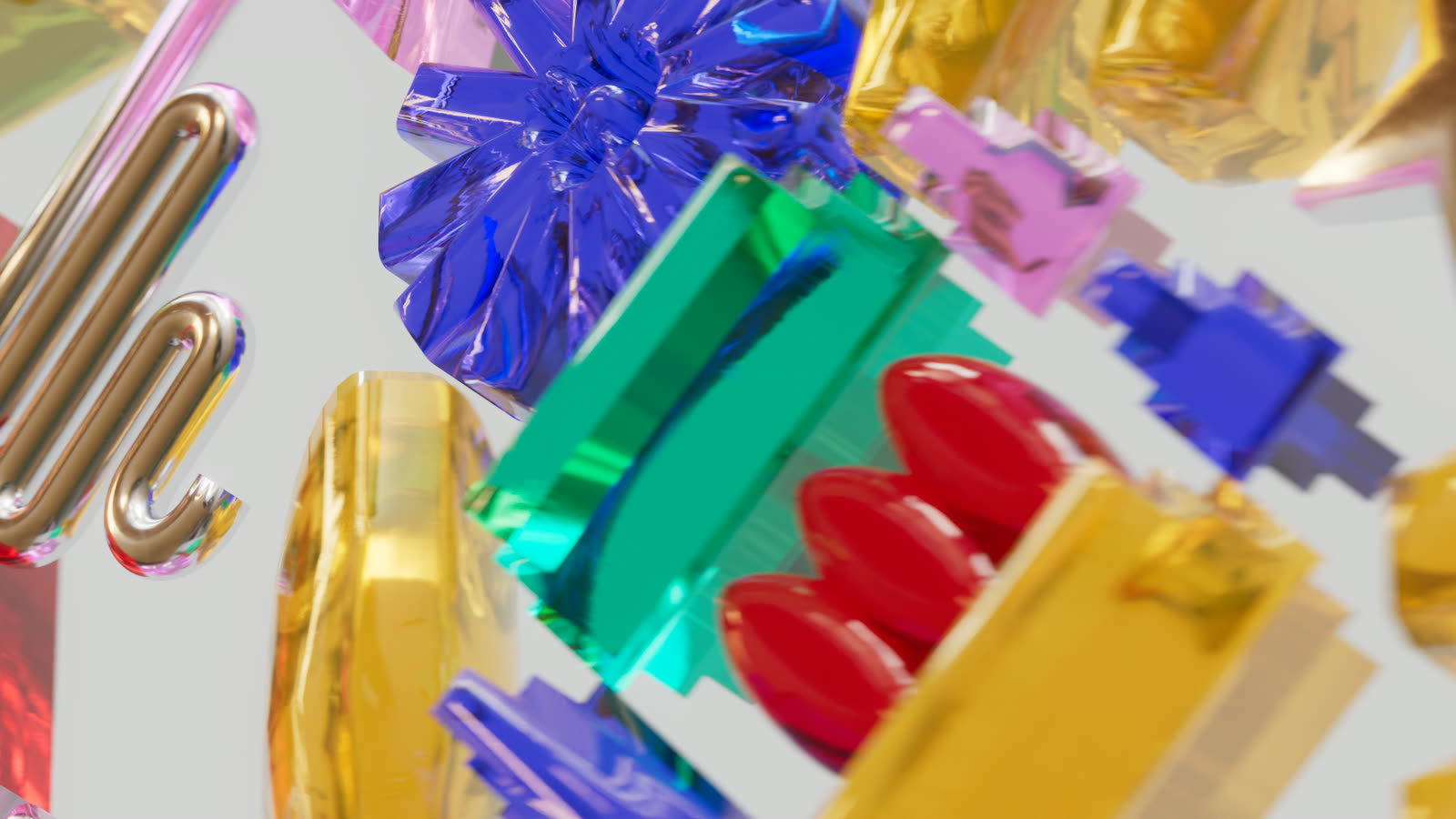 Macro wall of glass glyphs: gold squiggle, blue flower, green block, red ovals