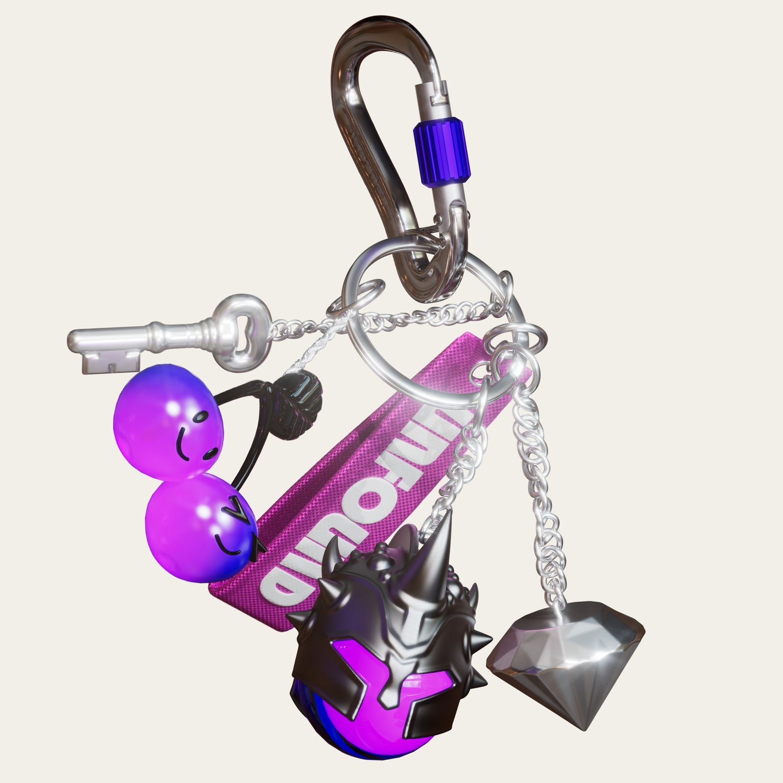 UNFOUND keychain still: carabiner, key, beads, tag and charms