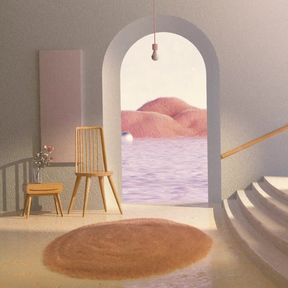 Surreal interior environment with a pink landscape beyond an arch