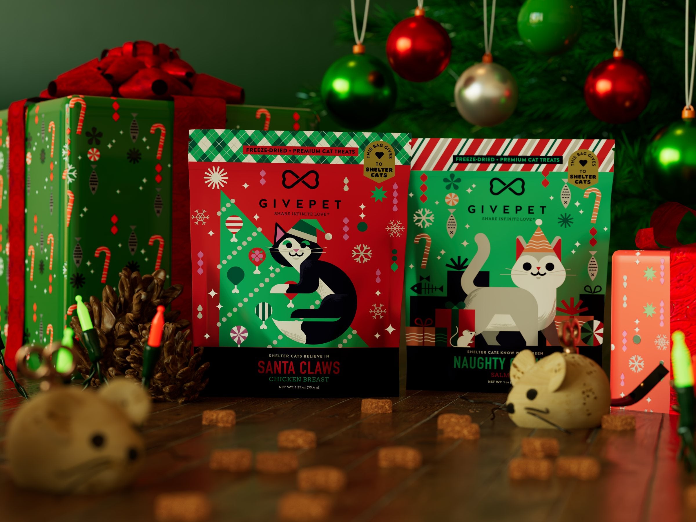 Santa Claws and Naughty or Mice pouches under a Christmas tree with gifts and toy mice