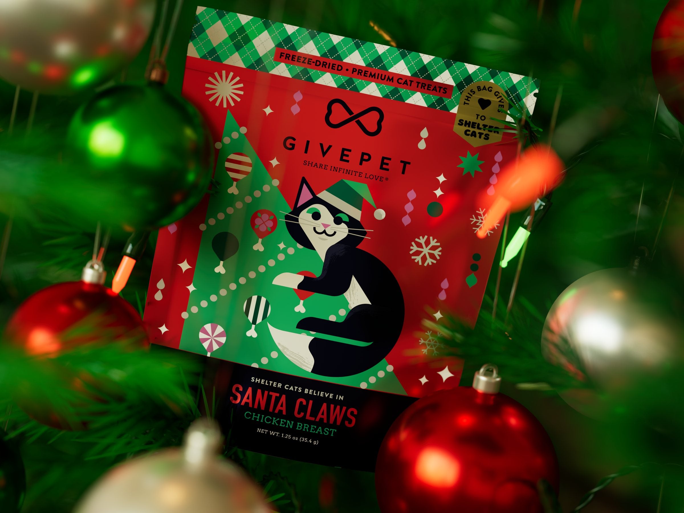 Santa Claws pouch framed by out-of-focus ornaments and pine branches