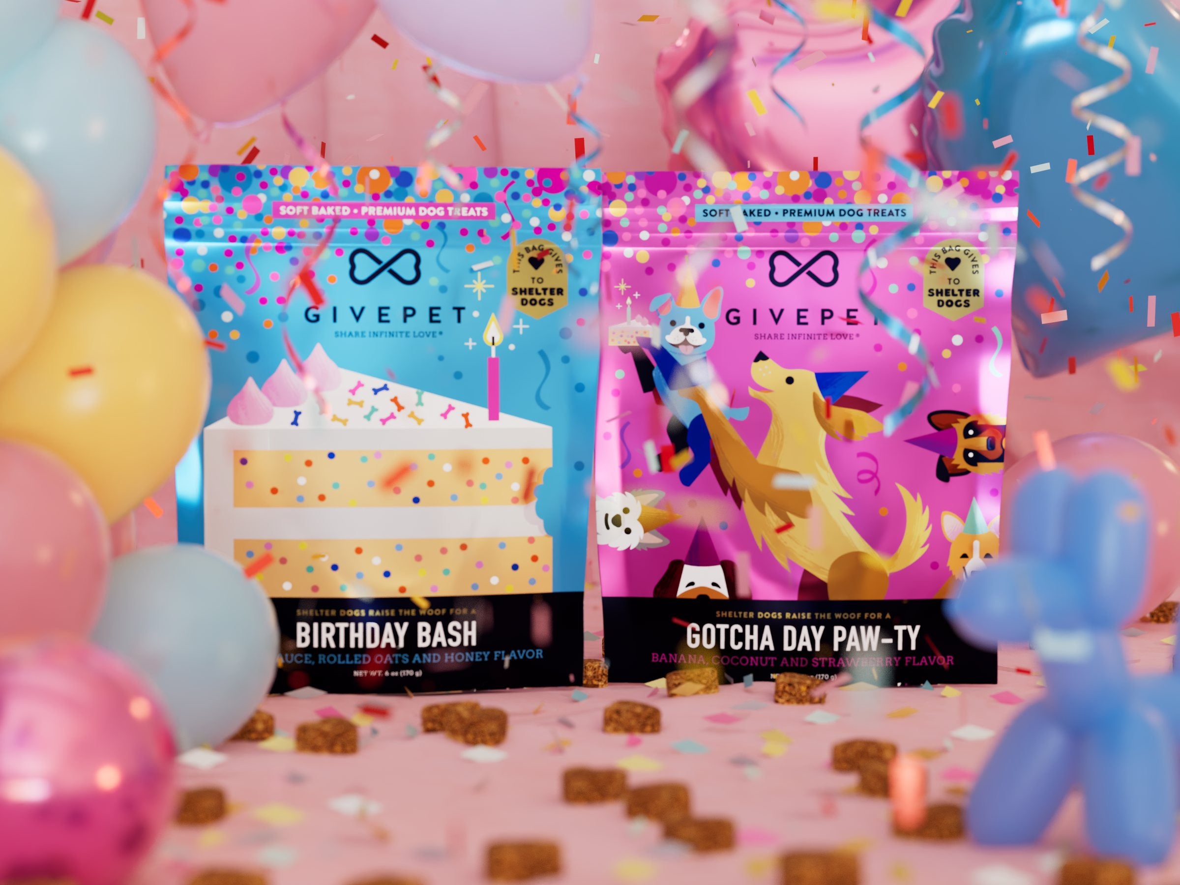 Birthday Bash and Gotcha Day Paw-ty pouches among balloons, confetti and a blue balloon dog