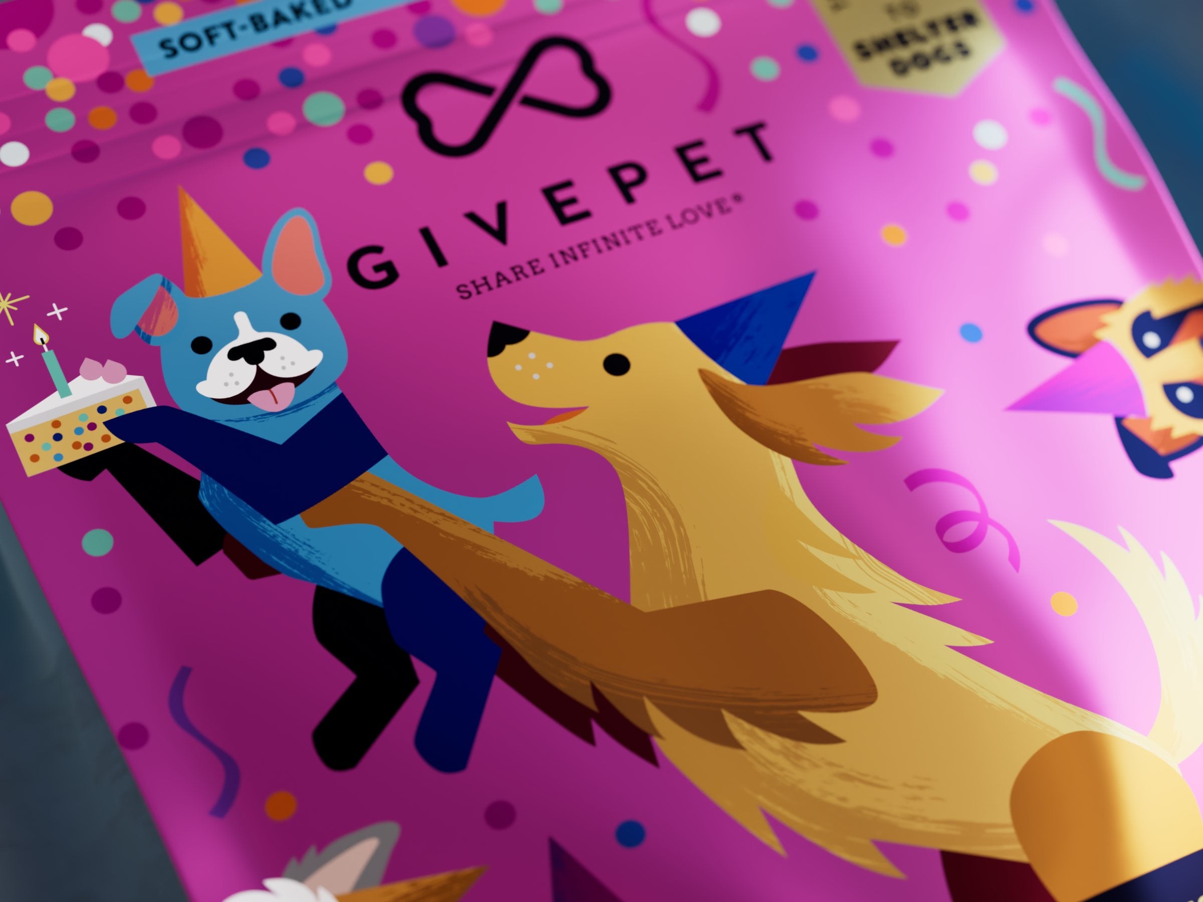Close detail of the Gotcha Day pouch with party-hat dogs