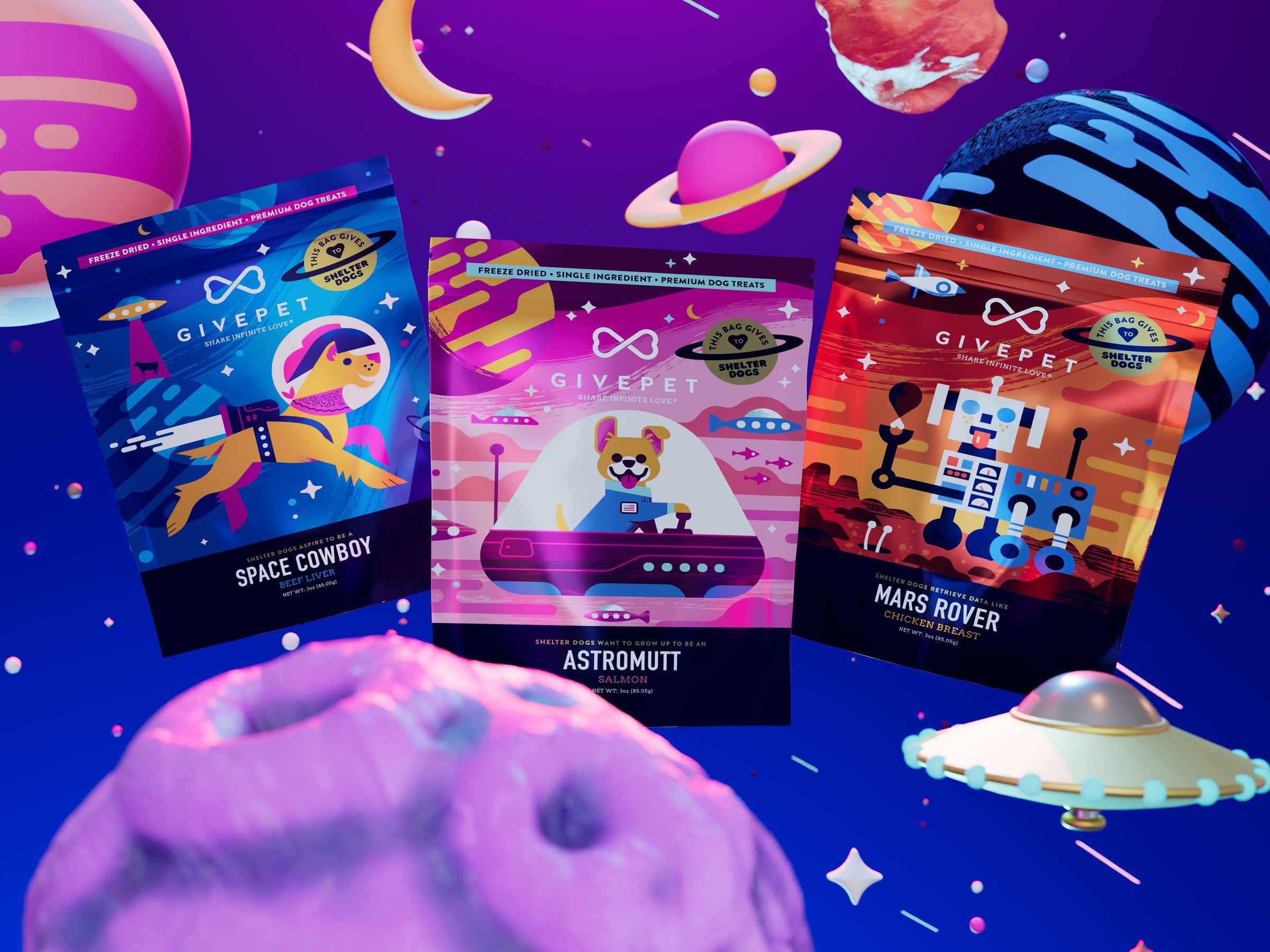 Three GivePet freeze-dried treat pouches, Space Cowboy, Astromutt and Mars Rover, floating among cartoon planets, a UFO and a pink cratered moon