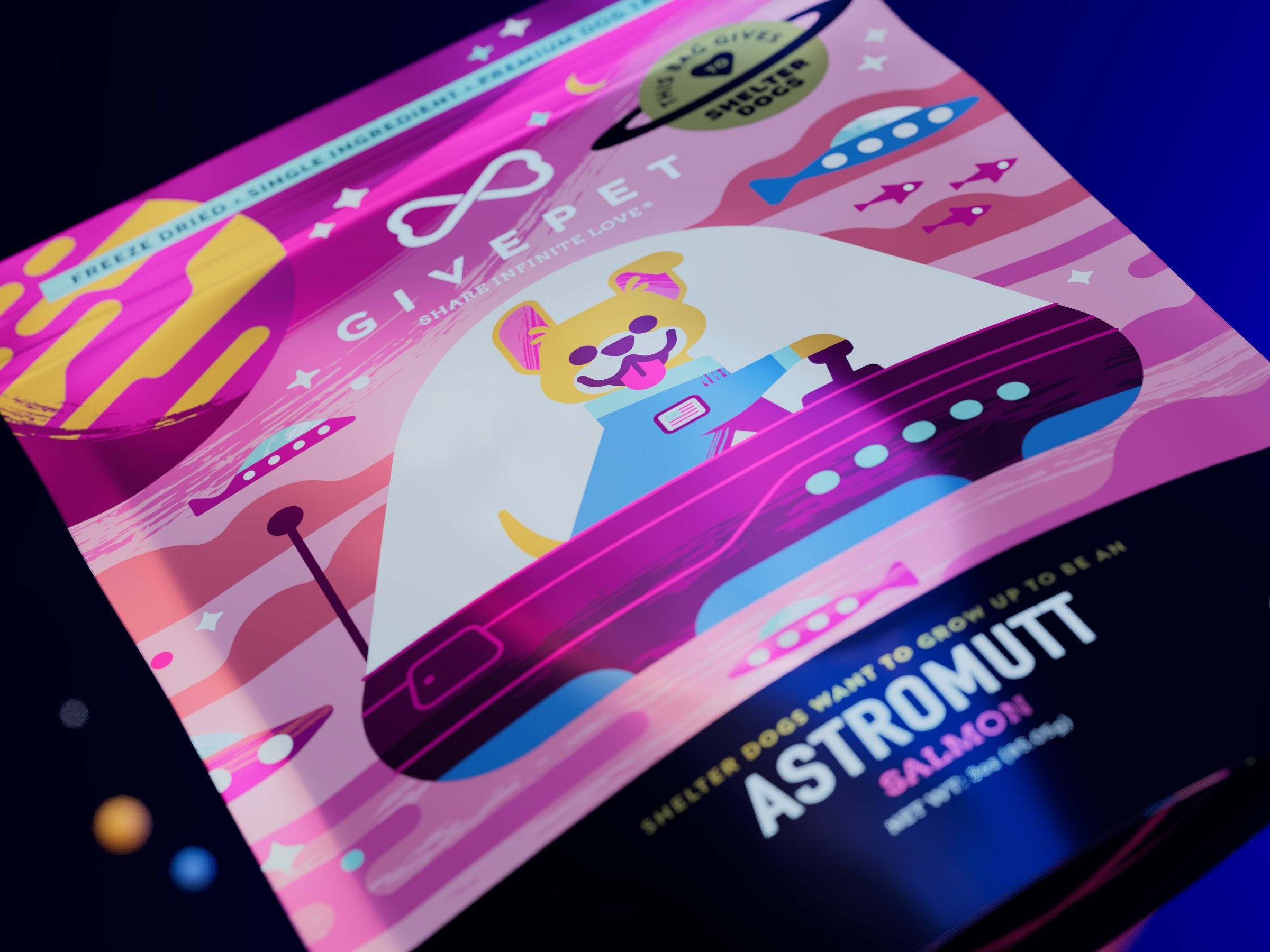Close view of the Astromutt pouch with its pink spaceship illustration