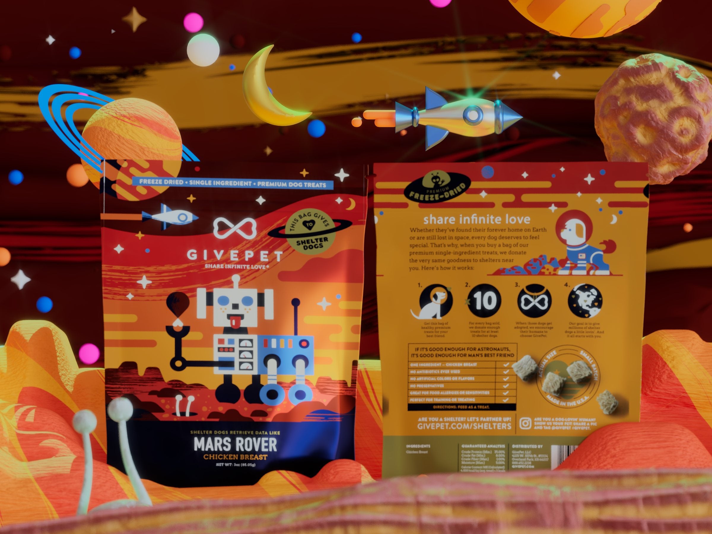 Mars Rover pouch, front and back, standing on a red planet surface with planets and a rocket behind