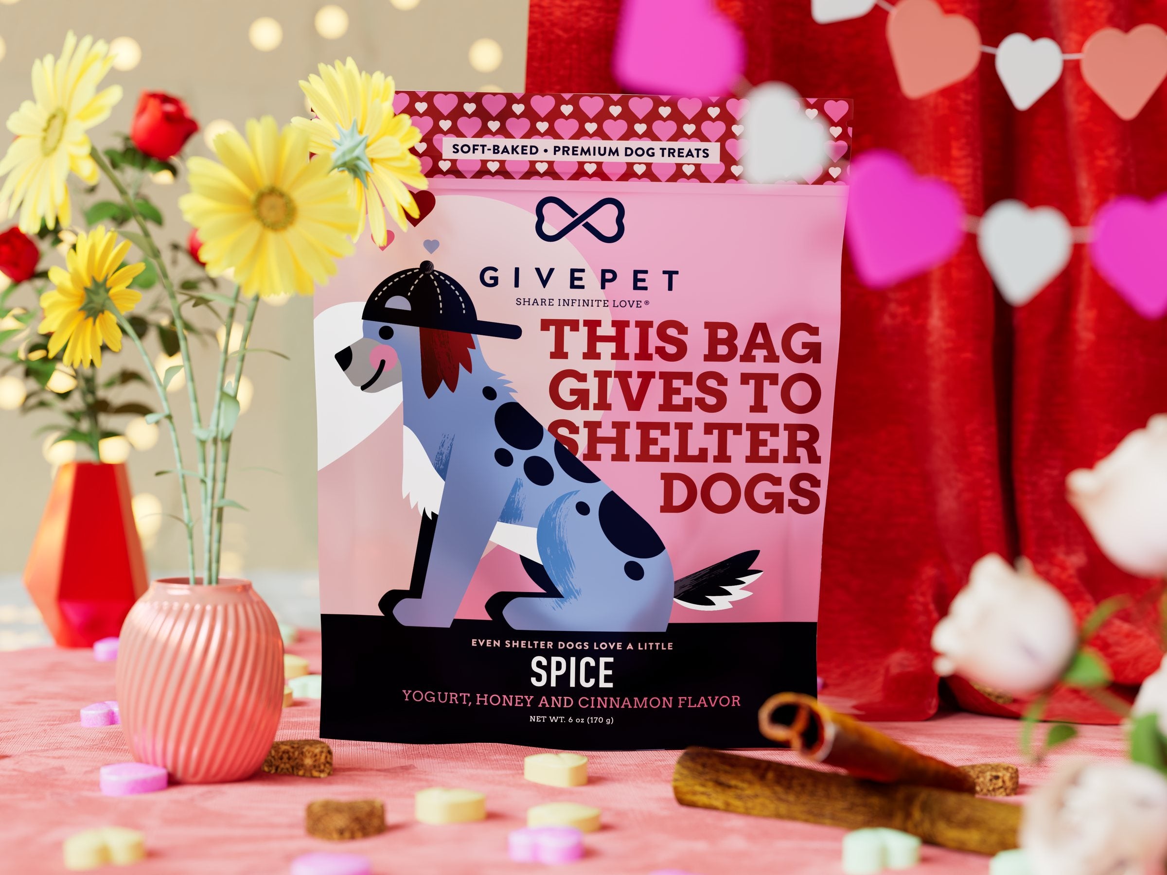 Spice pouch in front of red curtains, flowers and a heart garland
