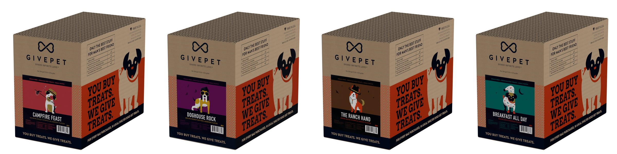 Four 9.5 lb GivePet bulk boxes in kraft cardboard: Campfire Feast, Doghouse Rock, The Ranch Hand and Breakfast All Day