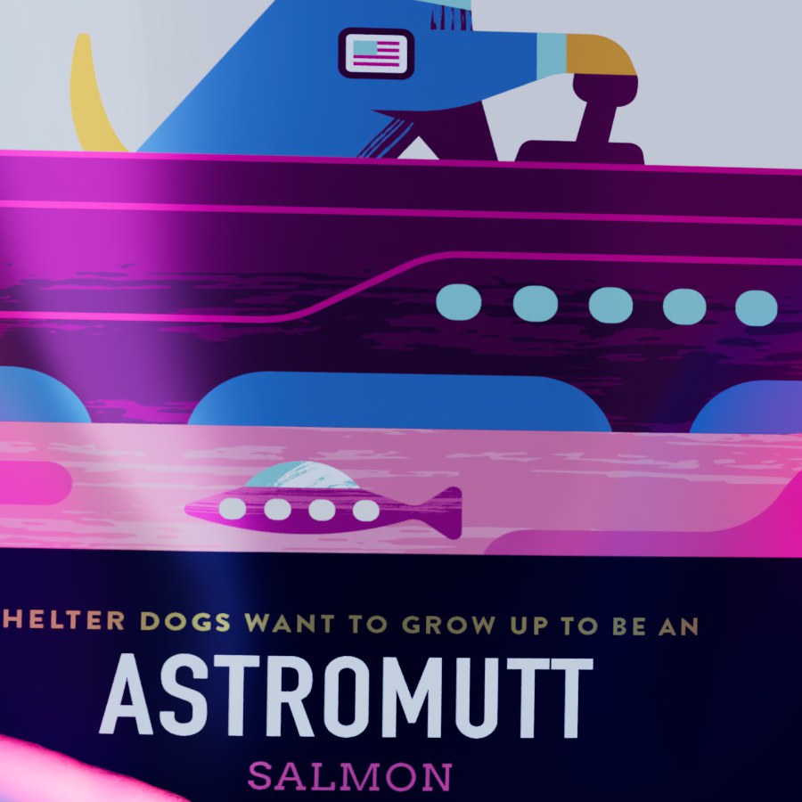 Unscaled crop of the Astromutt pouch: the small headline type and spaceship illustration