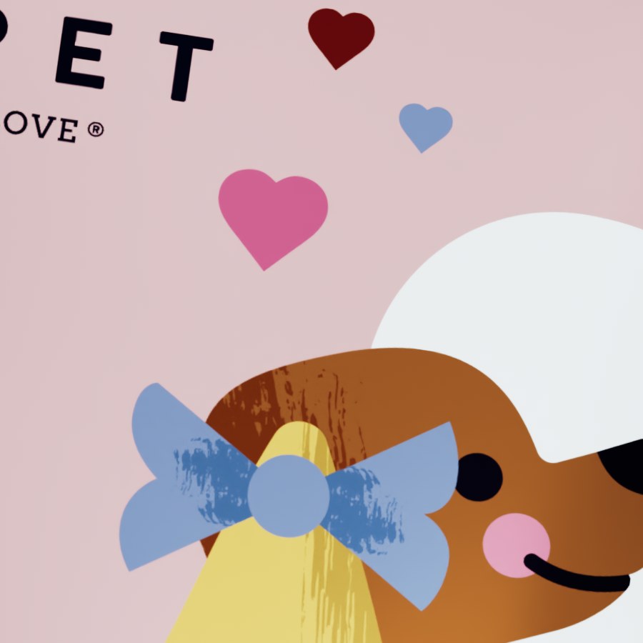 Unscaled crop of the Sugar pouch: logo lettering, hearts and the dog's bow