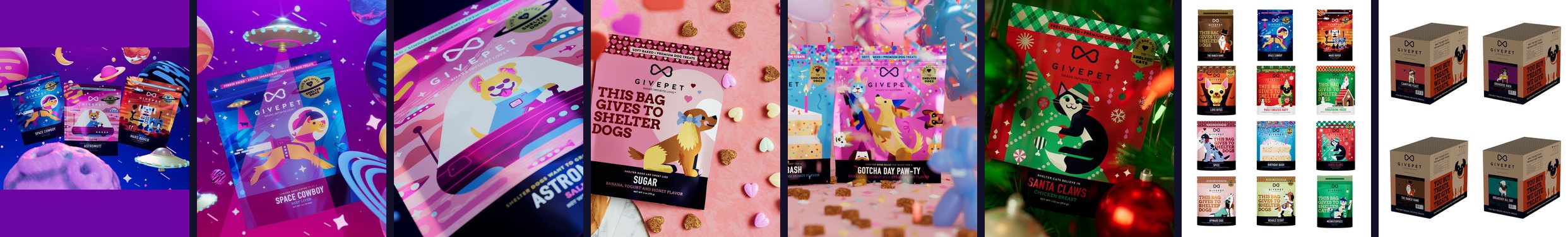 Eight 4:5 carousel posts in a row: Space line-up, Space Cowboy, Astromutt close-up, Sugar, Gotcha Day, Santa Claws, the 12-pouch catalog and four bulk boxes