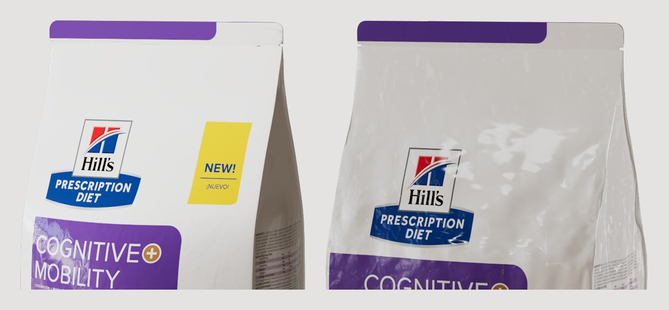 Two crops of the bag's top half at full resolution: on the left the first wrinkled render, smooth, with a NEW flash on the label; on the right the final one, the film crinkled across the shoulders with soft highlights