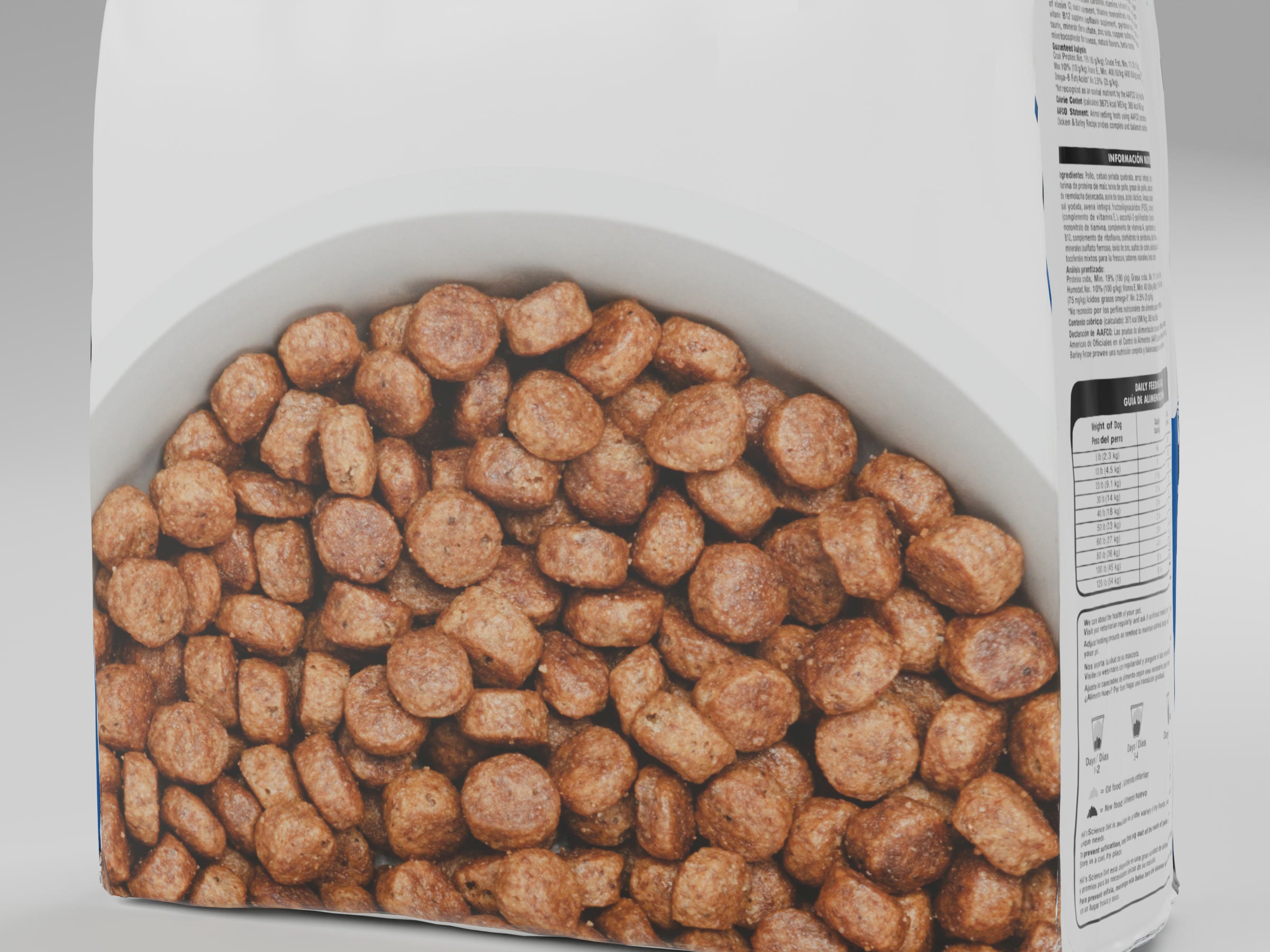 Close-up of the Dog master bag's kibble window: rounded brown kibble behind a curved white edge, the nutrition panel on the gusset to the right