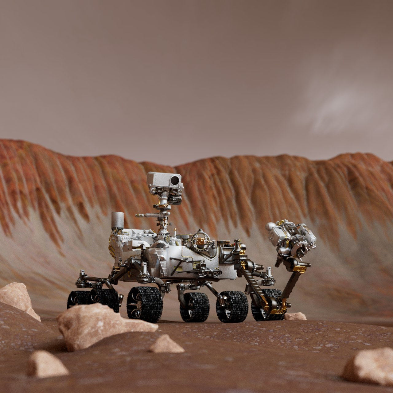 Perseverance rover render on a red Martian ridge