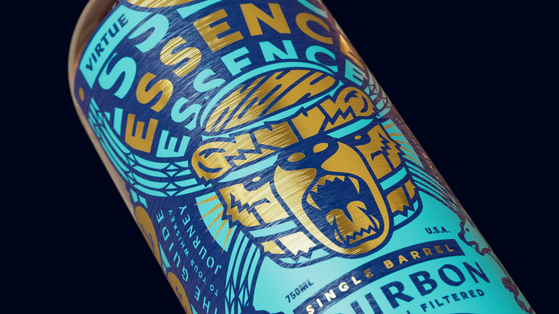 The bourbon bottle tilted close to camera, the gold foil bear roaring out of a barrel above Single Barrel Bourbon