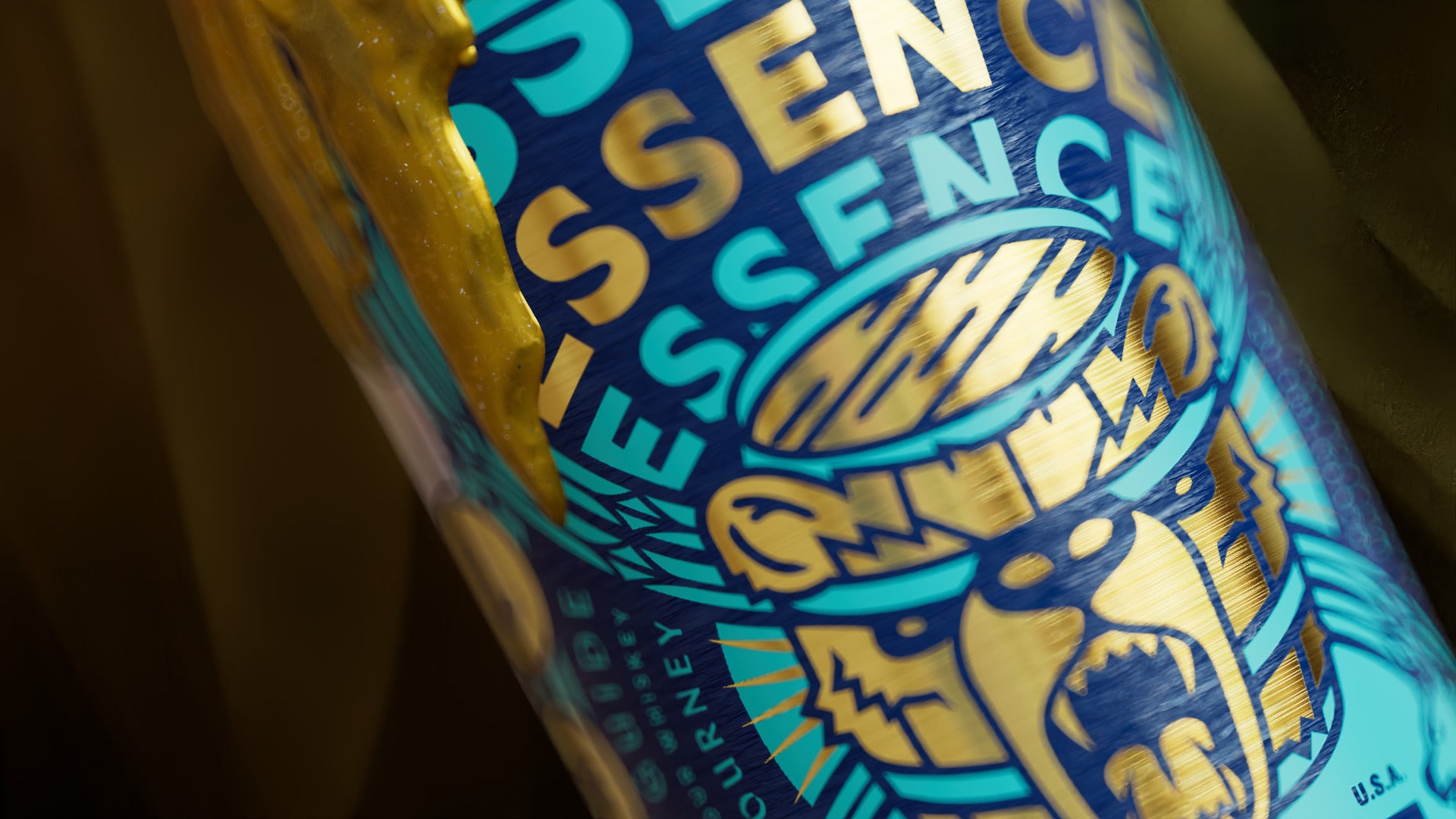 Still: gold wax rolling over the teal bourbon label and the gold bear