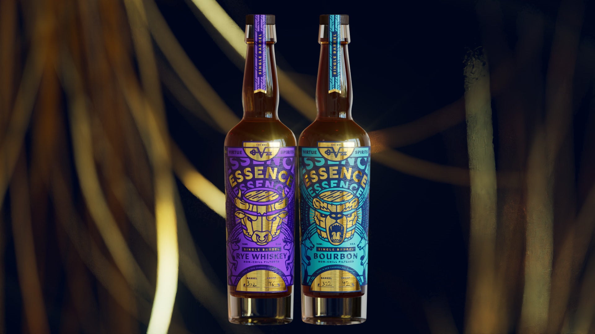 The rye and bourbon bottles stand together, full length, in front of out-of-focus golden wheat on deep navy