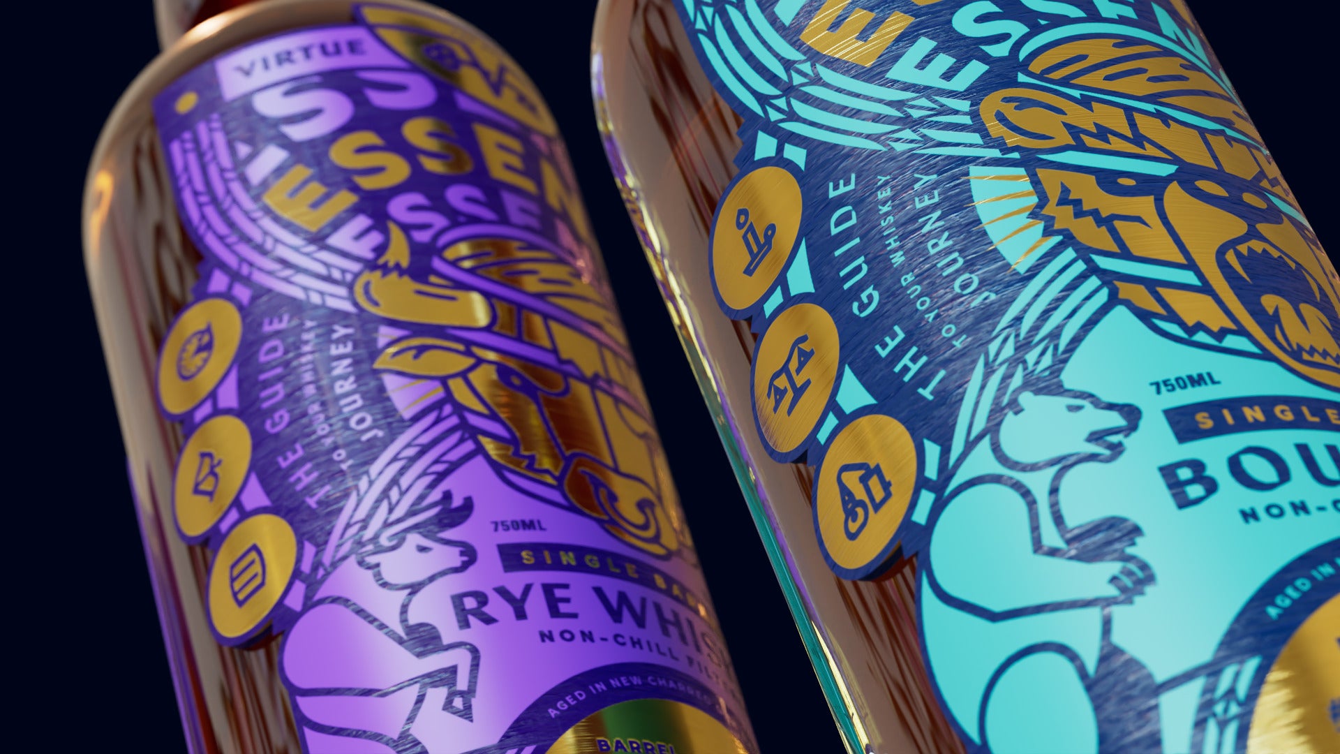 Both bottles tilted toward the camera, the rye's icon medallions and the bourbon's standing bear on the side panels