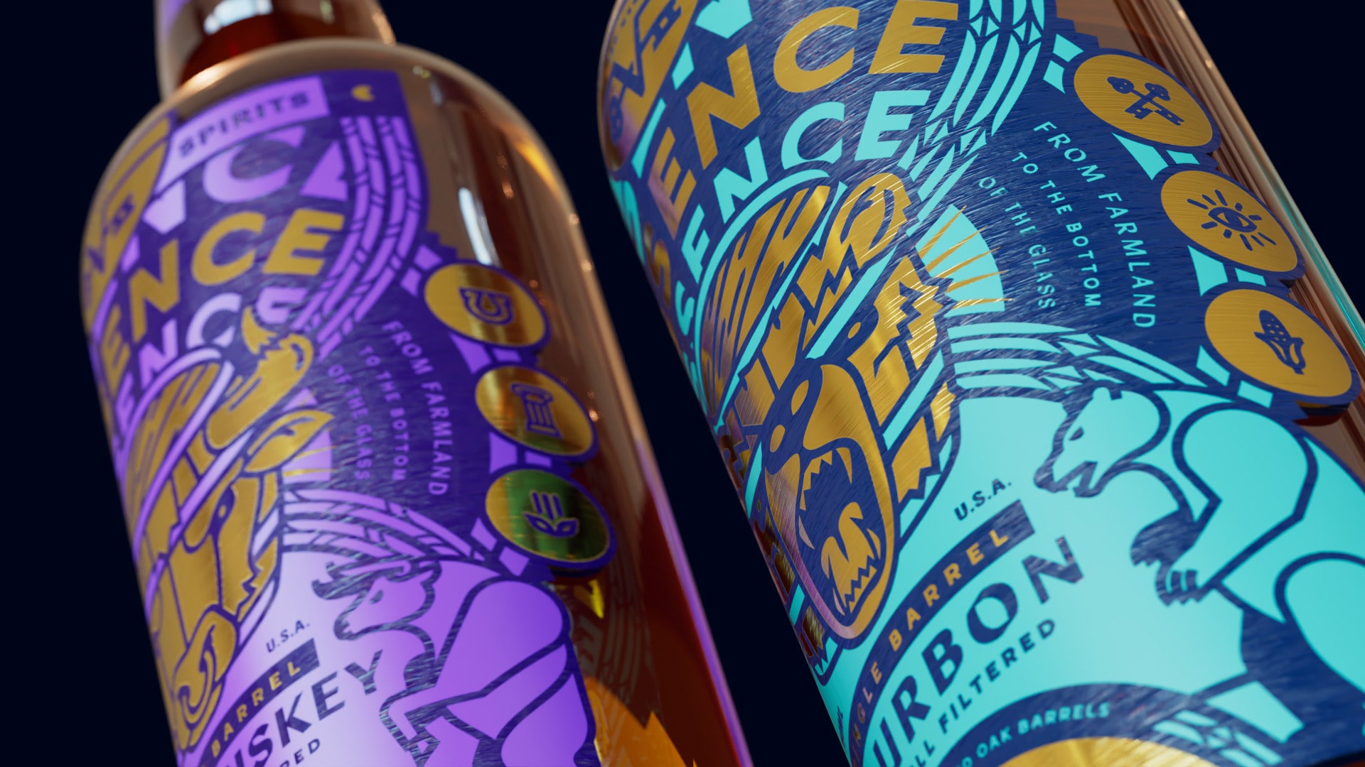 The bottles from the other side, the bourbon's bear head and the line From farmland to the bottom of the glass