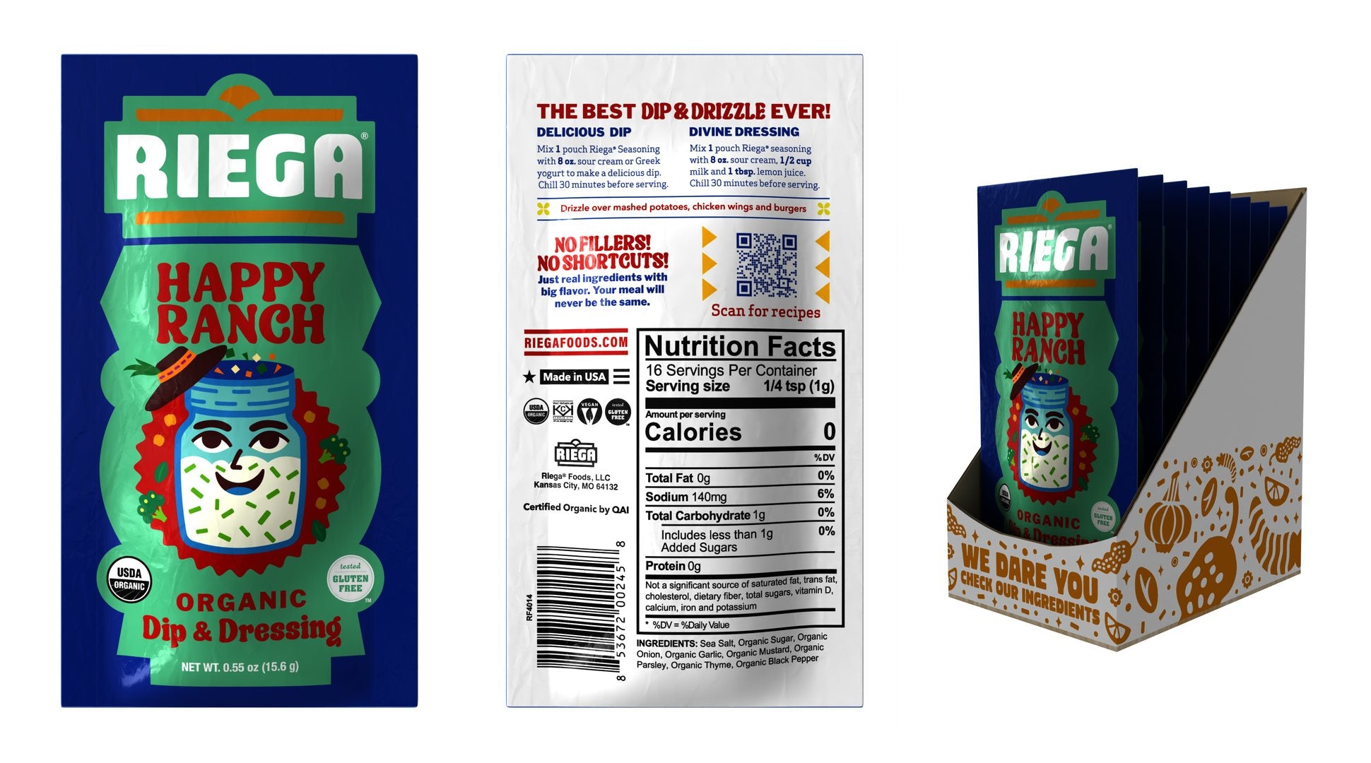 Happy Ranch three ways on white: the blue pouch front with a smiling jar character, the white back with directions, nutrition facts and a QR code, and an 8-count display carton full of pouches.