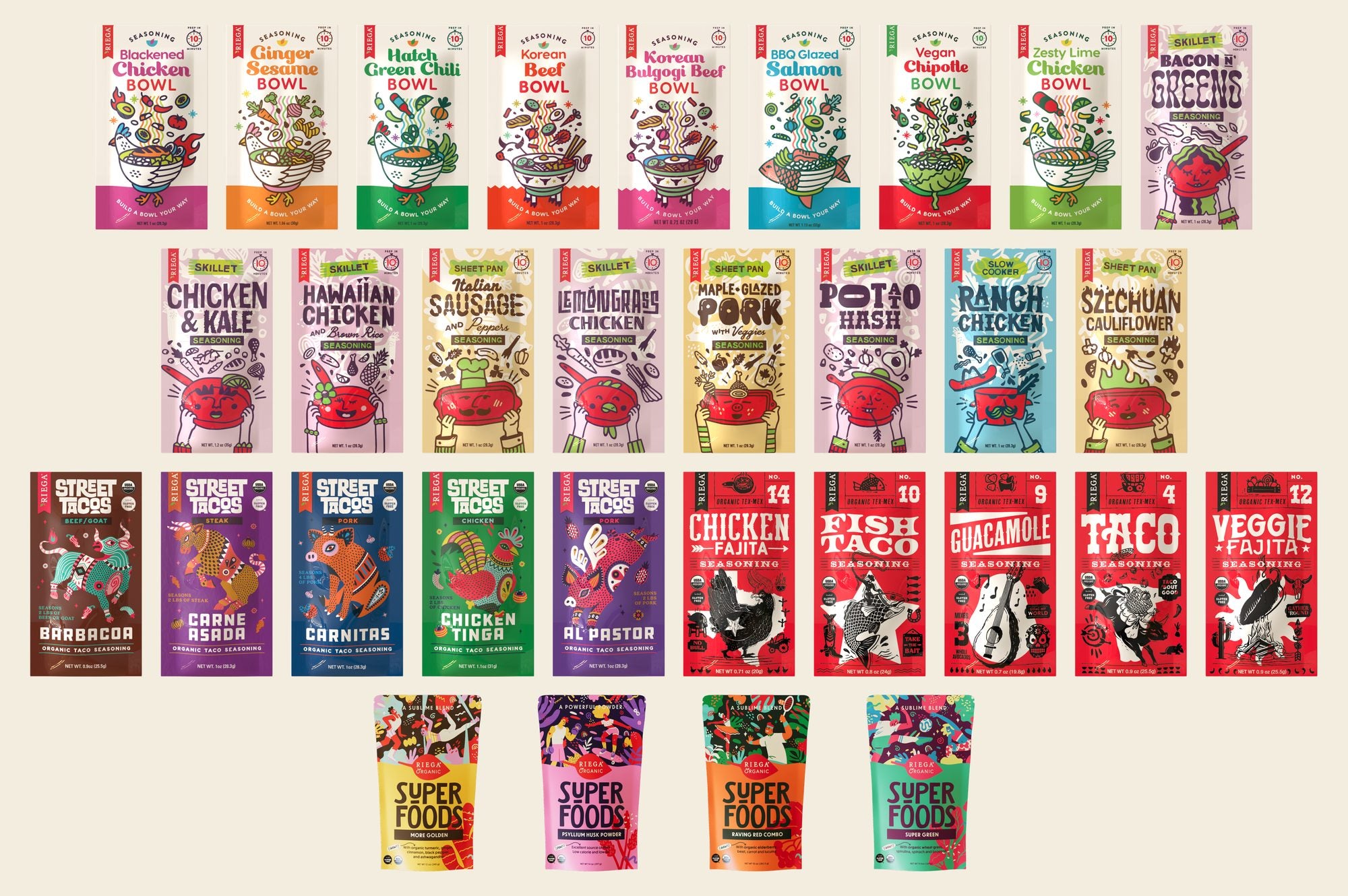 Thirty-one illustrated seasoning pouch renders in rows on cream: eight Bowls, nine Skillet and Sheet Pan prep packs, five Street Tacos, five Tex-Mex and four stand-up Superfoods pouches.