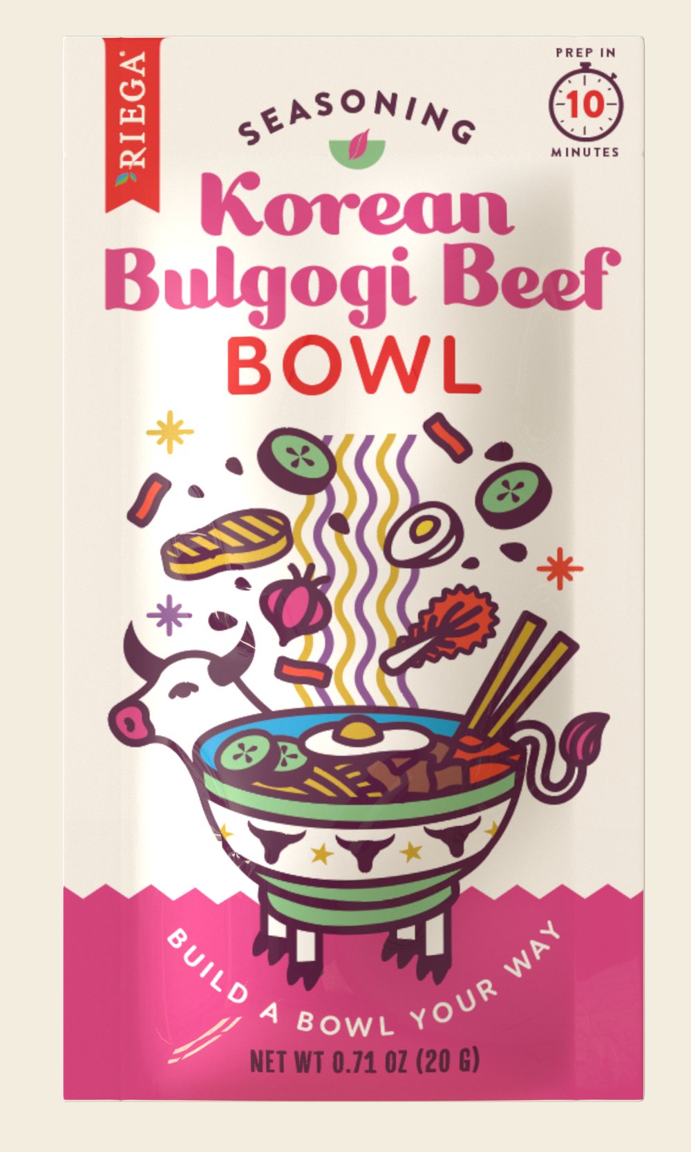 The Korean Bulgogi Beef Bowl pouch render: a line-drawn cow whose body is a bowl of noodles, egg and vegetables.