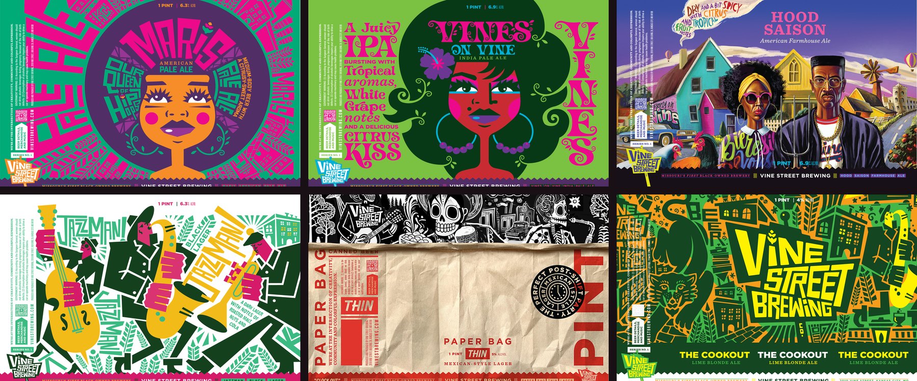 Six flat Vine Street Brewing can labels: Maris American Pale Ale, Vines on Vine IPA, Hood Saison, Jazzman, Paper Bag Thin Mexican-style lager and The Cookout