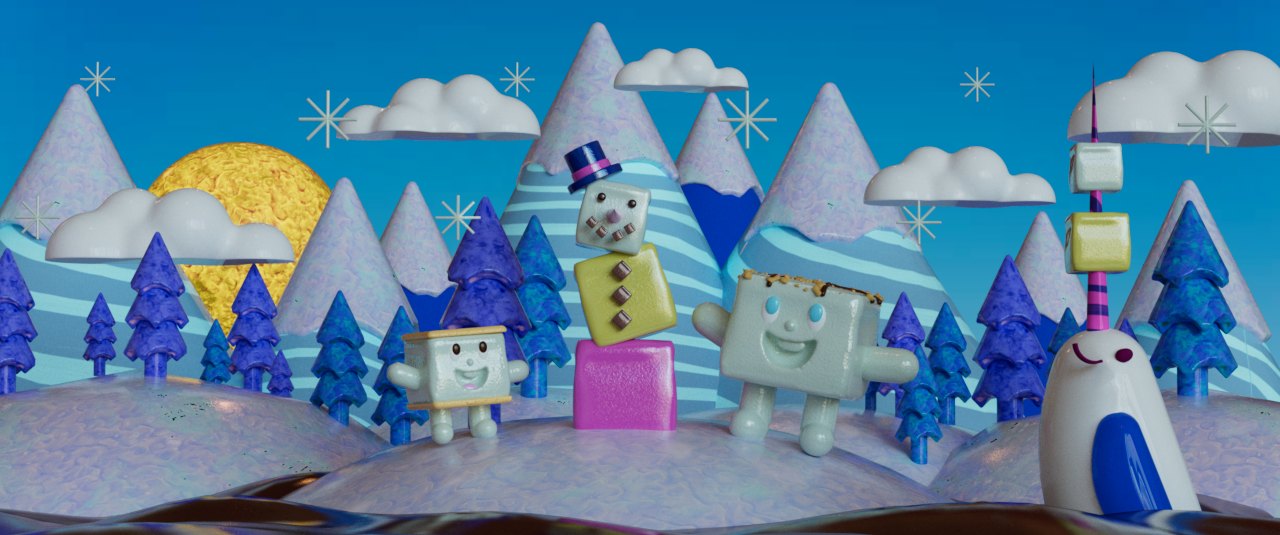 A winter world of striped mountains and blue trees with a marshmallow snowman and a narwhal.