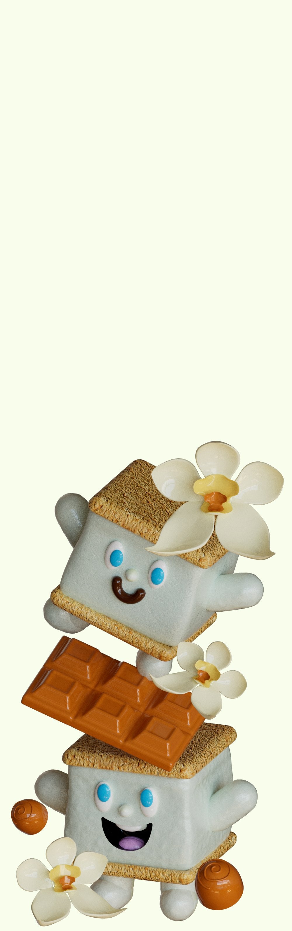 Marshmallows stacked with caramel, graham crackers and flowers.
