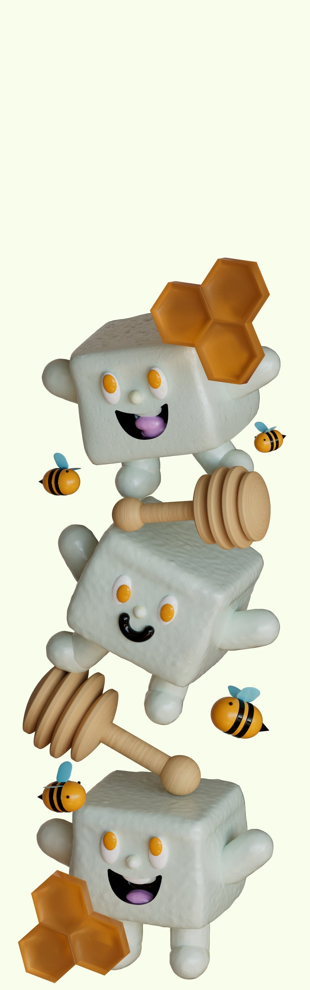 Marshmallows stacked with honeycomb, a honey dipper and bees.