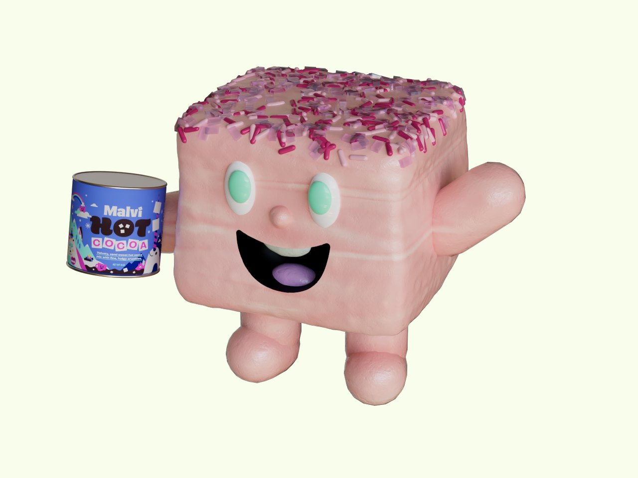A pink marshmallow character holding a small blue Malvi Hot Cocoa tin.