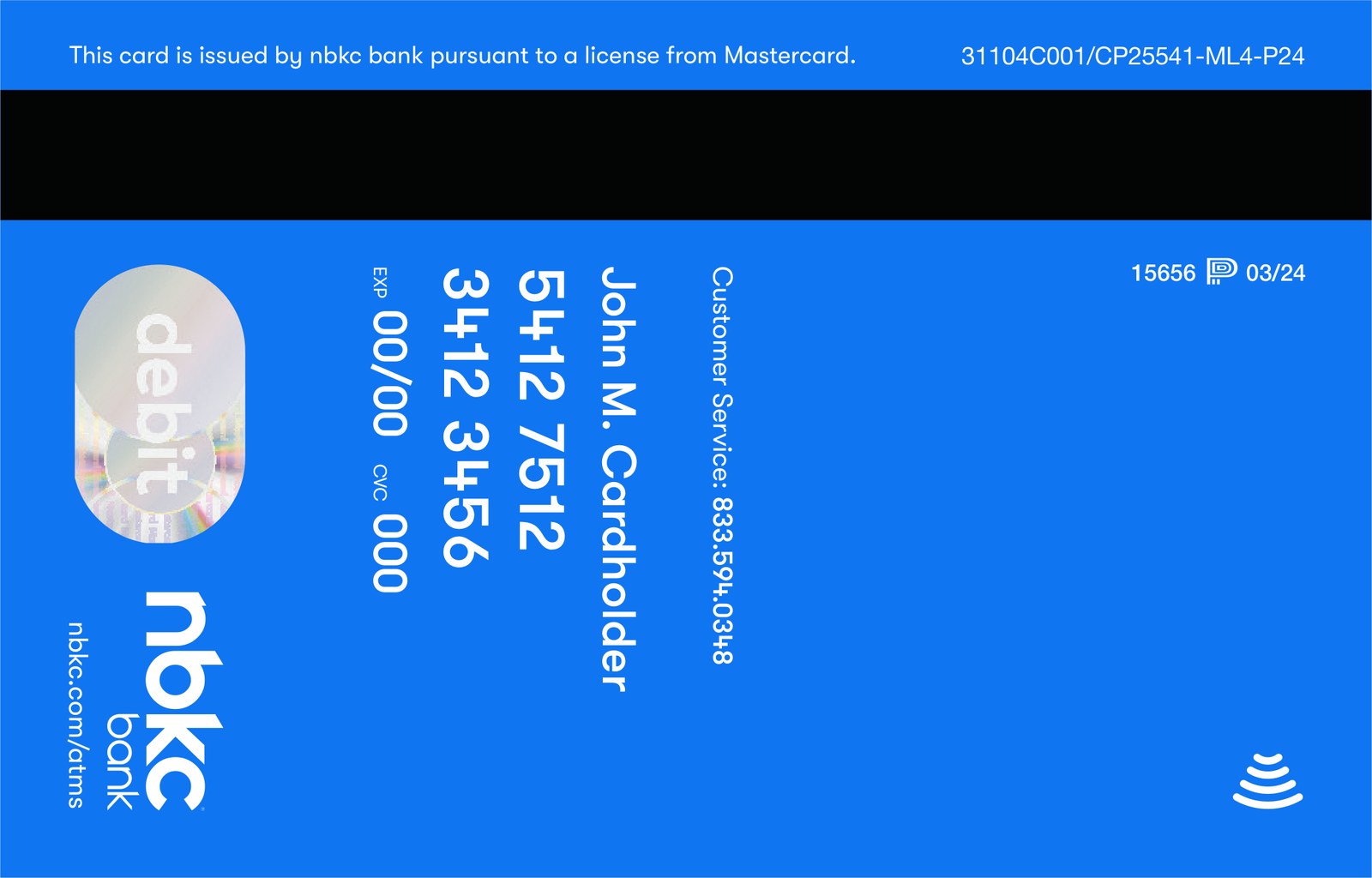 Printer's proof of the personal card back: black magnetic stripe, a holographic debit foil, specimen card details set vertically and the nbkc bank wordmark