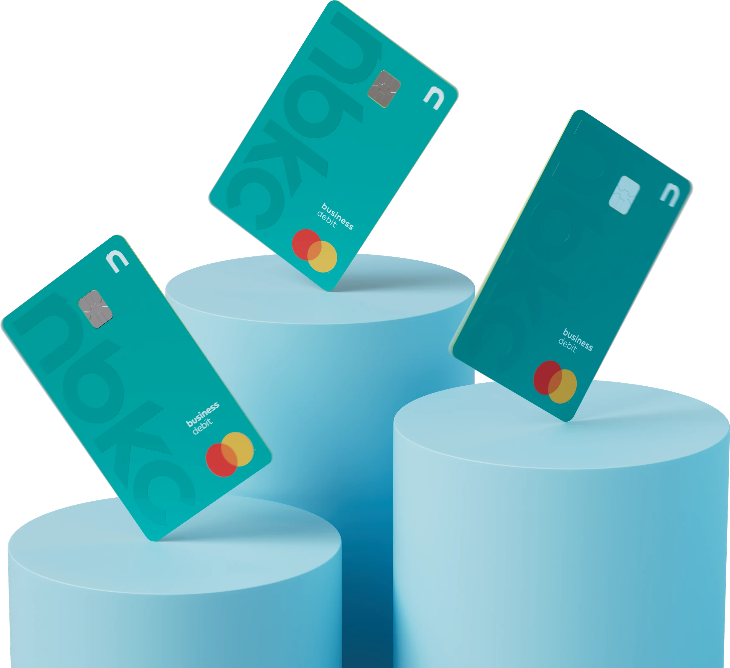Print still: three teal business cards tilted over three pale blue plinths, with no background, sitting straight on the page