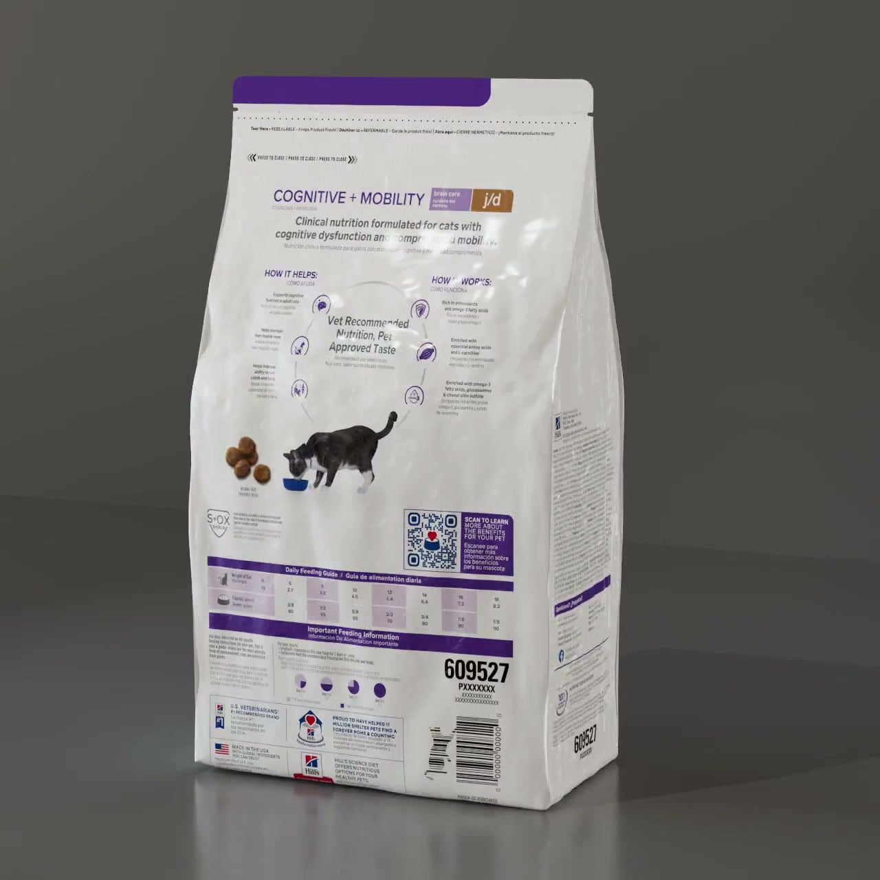The back of the same bag: feeding guide, a cat illustration and the barcode