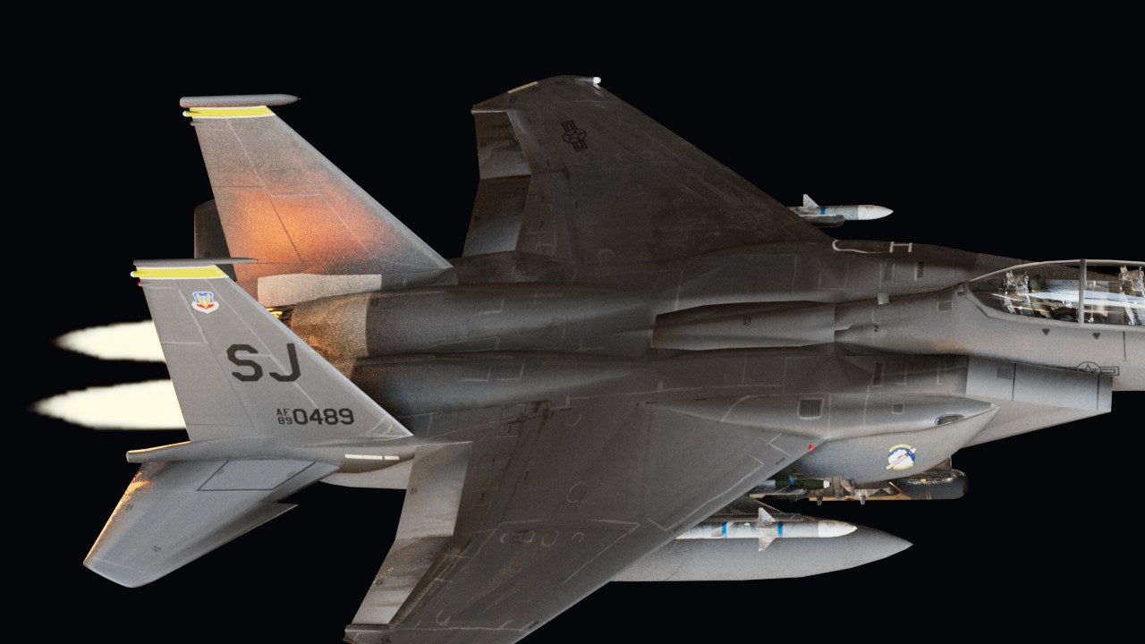 Close render of an F-15E with afterburners lit, tail code SJ